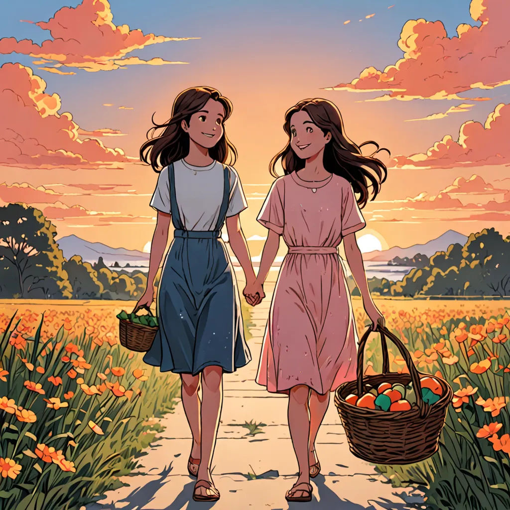 two girls walking down a path holding baskets of fruit in front of a sunset sky with clouds above them, color field, a comic book panel, Brothers Hildebrandt, comic cover art