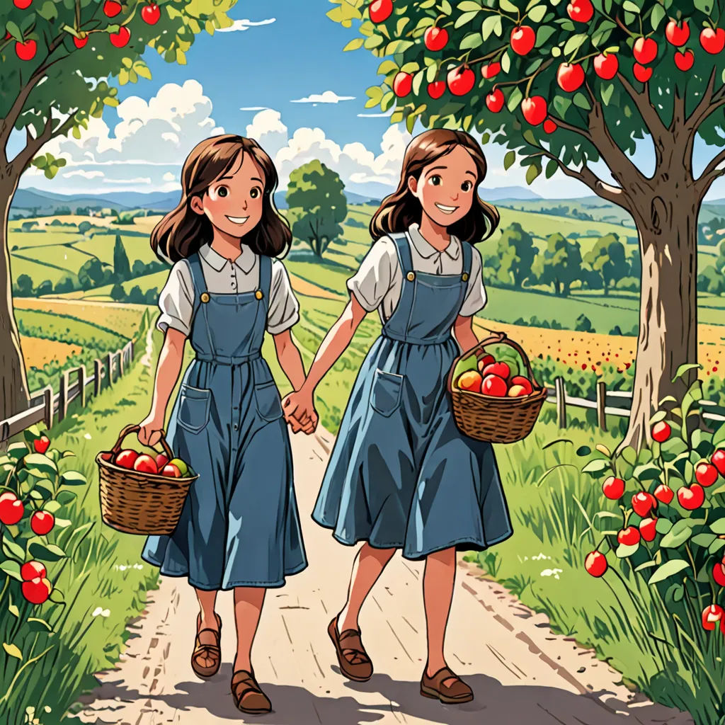 two girls in blue dresses holding baskets of apples walking down a path between two trees with red apples in them, synthetism, a comic book panel, Brothers Hildebrandt, official art