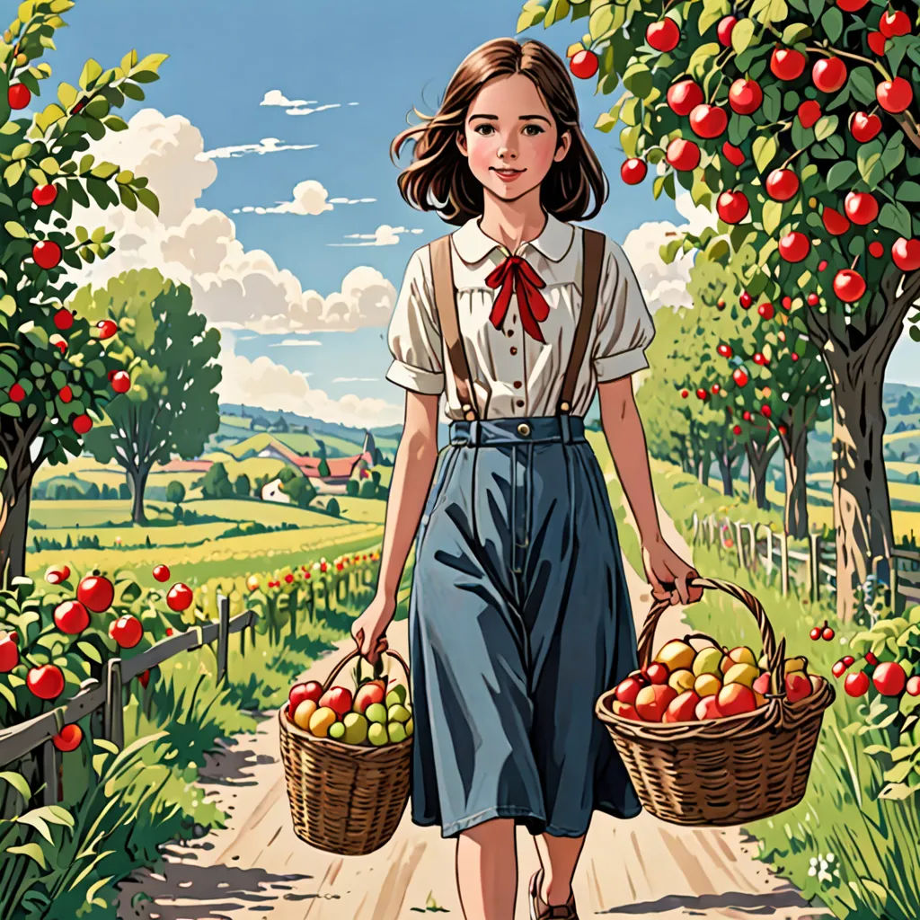 a painting of a girl carrying apples in a field with a path leading to a tree lined orchard with red apples, precisionism, a storybook illustration, Colin Middleton, official art