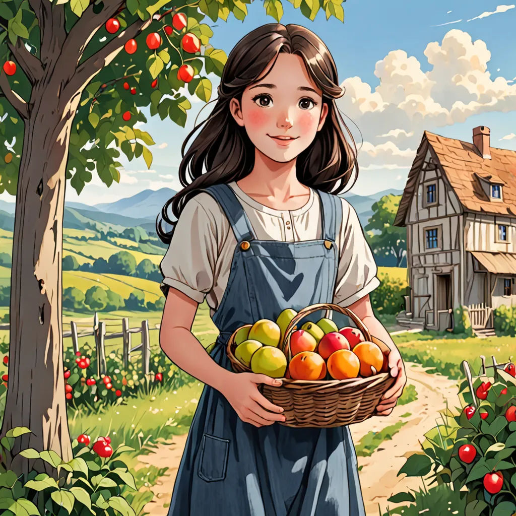 a girl holding a basket of apples in front of a house and apple tree with a path leading to it, fantasy art, a storybook illustration, Colin Middleton, official art