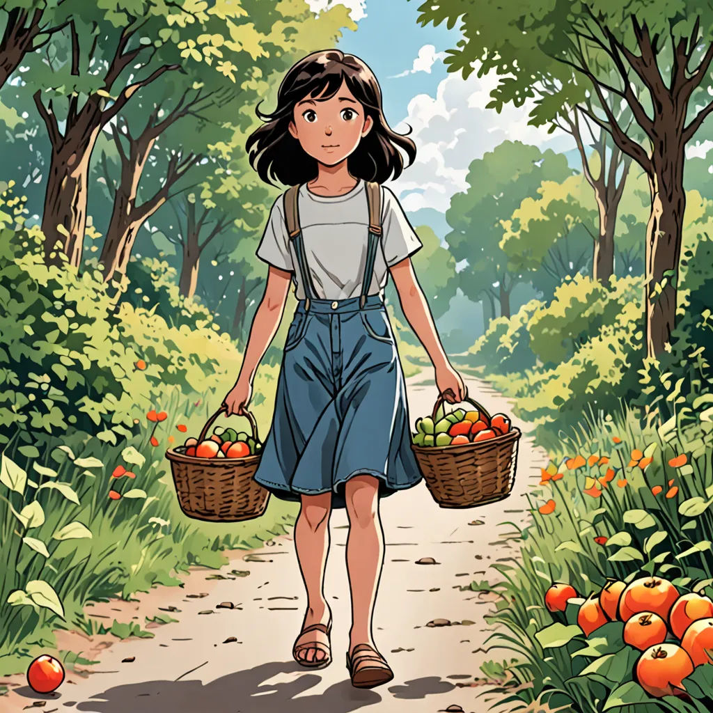 a girl walking down a path carrying baskets of fruit in her hand and a basket of apples in her hand, environmental art, a comic book panel, Asaf Hanuka, color page