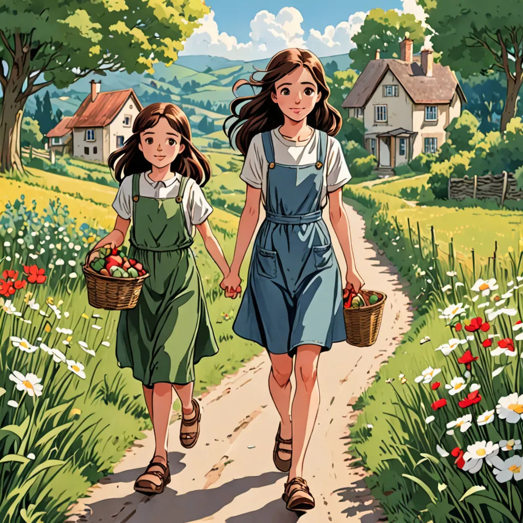 two girls walking down a path holding baskets of flowers and a basket of fruit in their hands, with a house in the background, synthetism, a comic book panel, Brothers Hildebrandt, official art