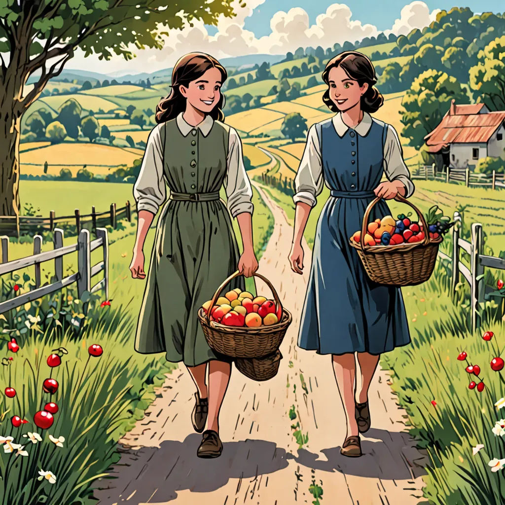 two women walking down a road carrying baskets of fruit on their backs, with a farm in the background, synthetism, a comic book panel, Brothers Hildebrandt, official art