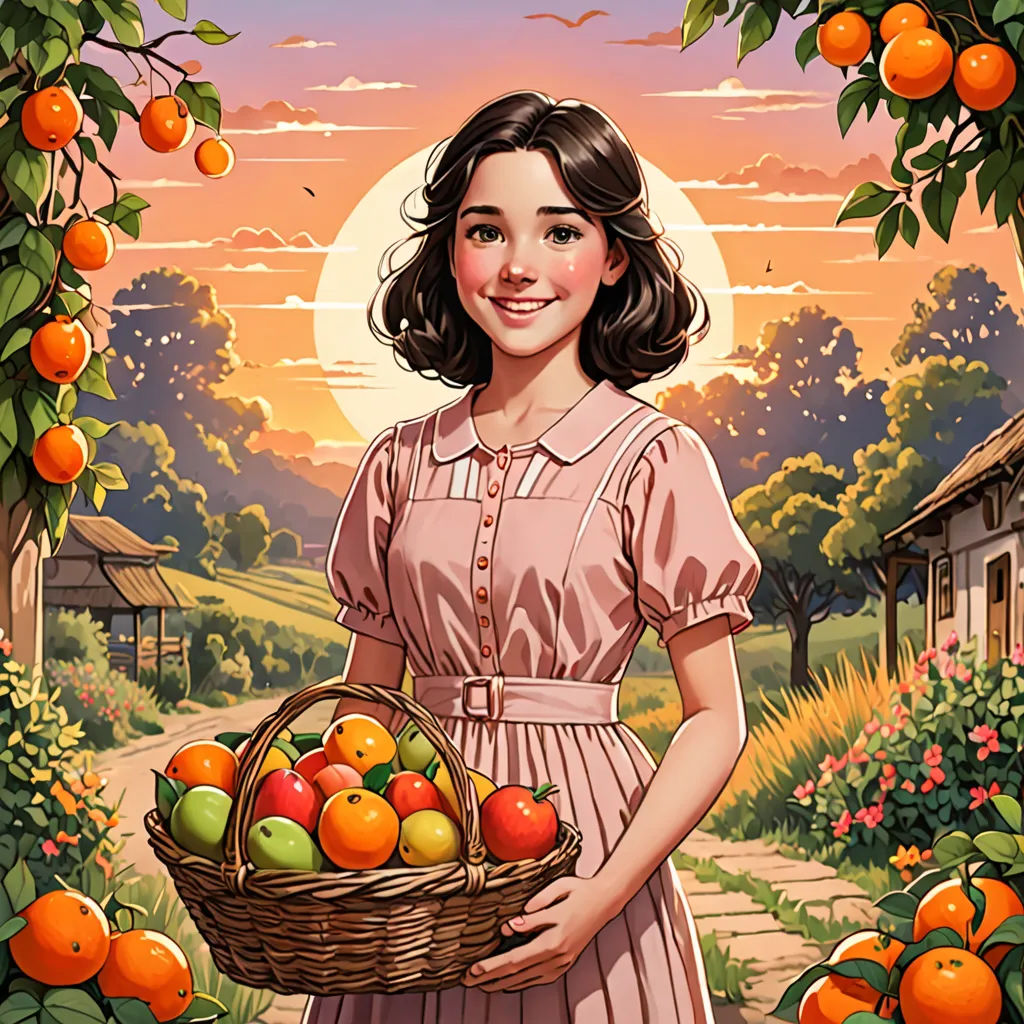 a painting of a girl holding a basket of fruit in front of a sunset scene with oranges and a house, serial art, a character portrait, Edwin Georgi, key art