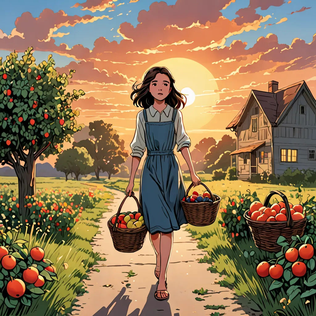 a girl walking down a path carrying baskets of fruit in front of a sunset over a field of oranges, process art, a comic book panel, Dan Mumford, josan gonzales and dan mumford