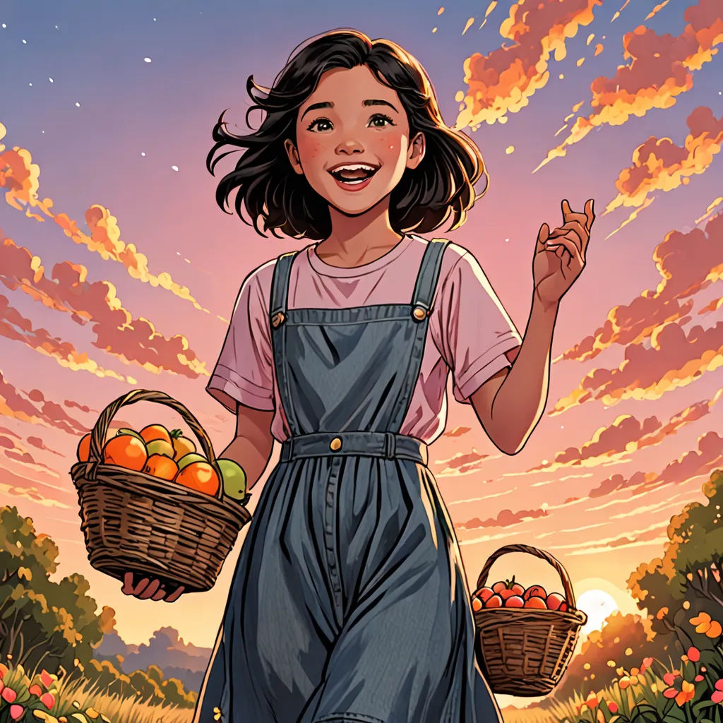 a girl holding a basket of fruit in a field with a sunset in the background and clouds in the sky, art & language, a comic book panel, Colin Middleton, comic cover art