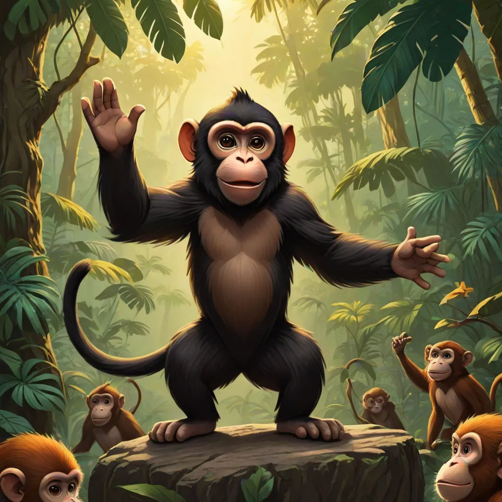 a monkey standing on a rock in the middle of a jungle with other monkeys around him and a third monkey standing on a rock, sumatraism, a character portrait, Alex Petruk APe, cgstudio
