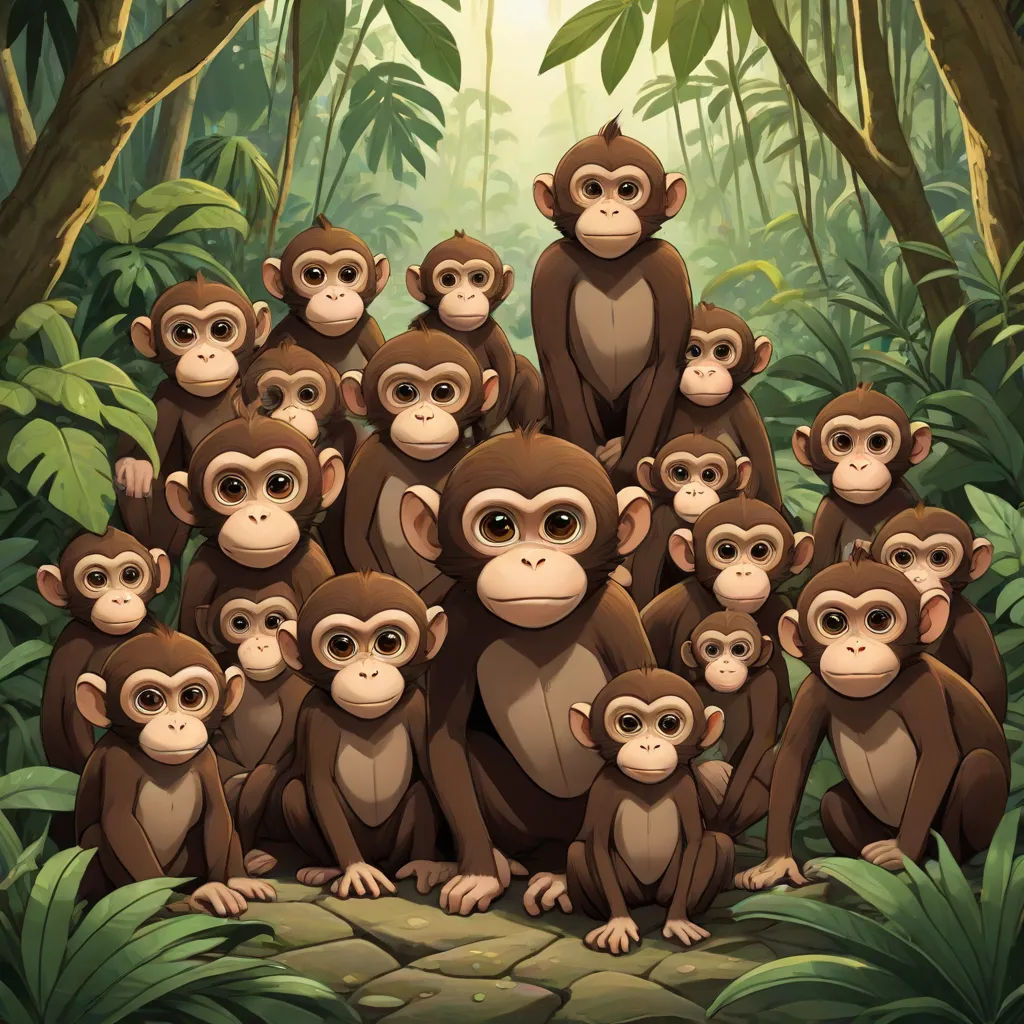 a group of monkeys in a jungle with trees and plants behind them, with a sun shining through the trees, incoherents, a poster, Cliff Childs, furaffinity