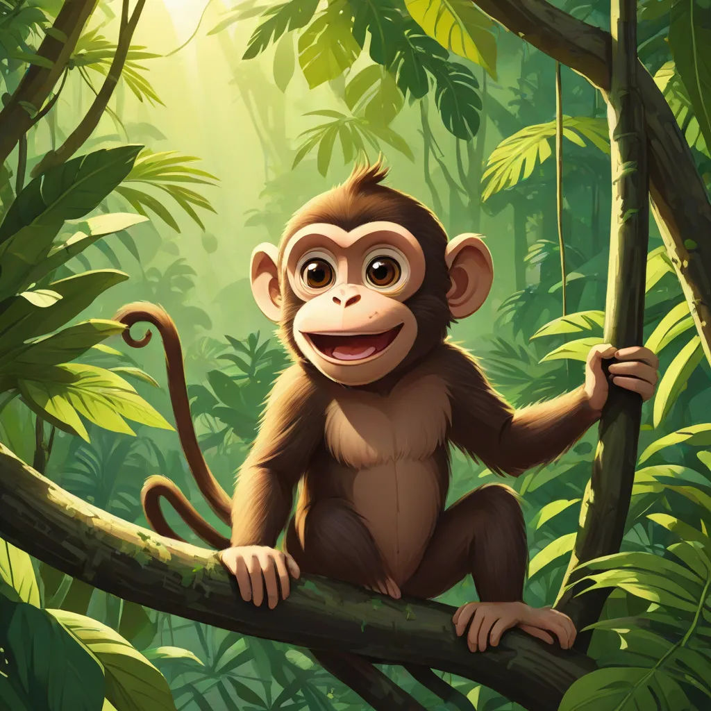 a monkey sitting on a tree branch in a jungle with sunlight shining through the leaves and a beam of light, primitivism, a digital painting, Alex Petruk APe, jungle
