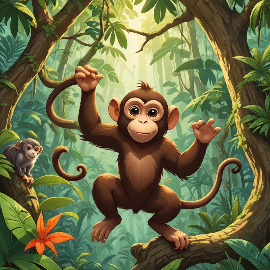 a monkey hanging on a tree in the jungle with a monkey nearby illustration by alex macgrewhill, sumatraism, a storybook illustration, Alex Petruk APe, jungle