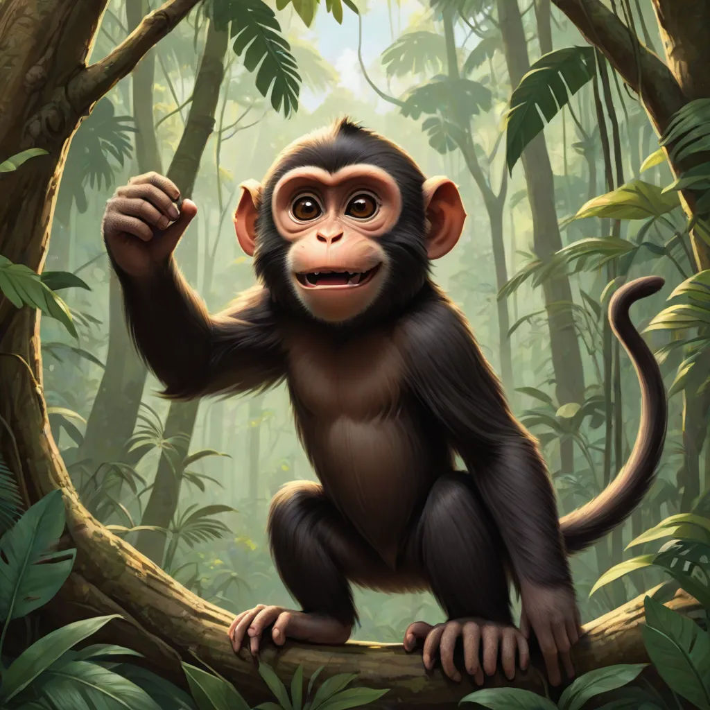 a monkey is sitting on a tree branch in the jungle and holding a branch with its paws up to the camera, sumatraism, a character portrait, Alex Petruk APe, cgstudio