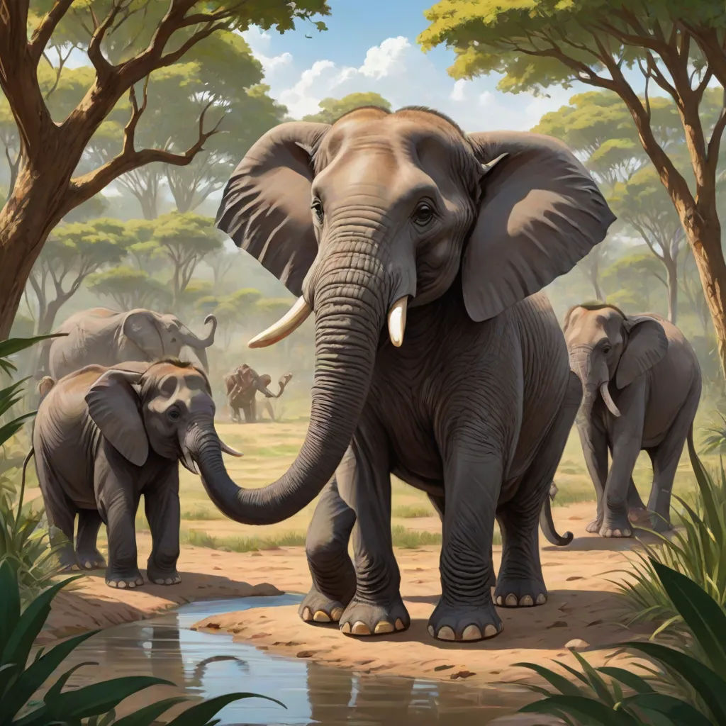 a painting of elephants walking in the jungle by a river and trees with a few other elephants in the background, sumatraism, an airbrush painting, Chris LaBrooy, highly detailed digital painting
