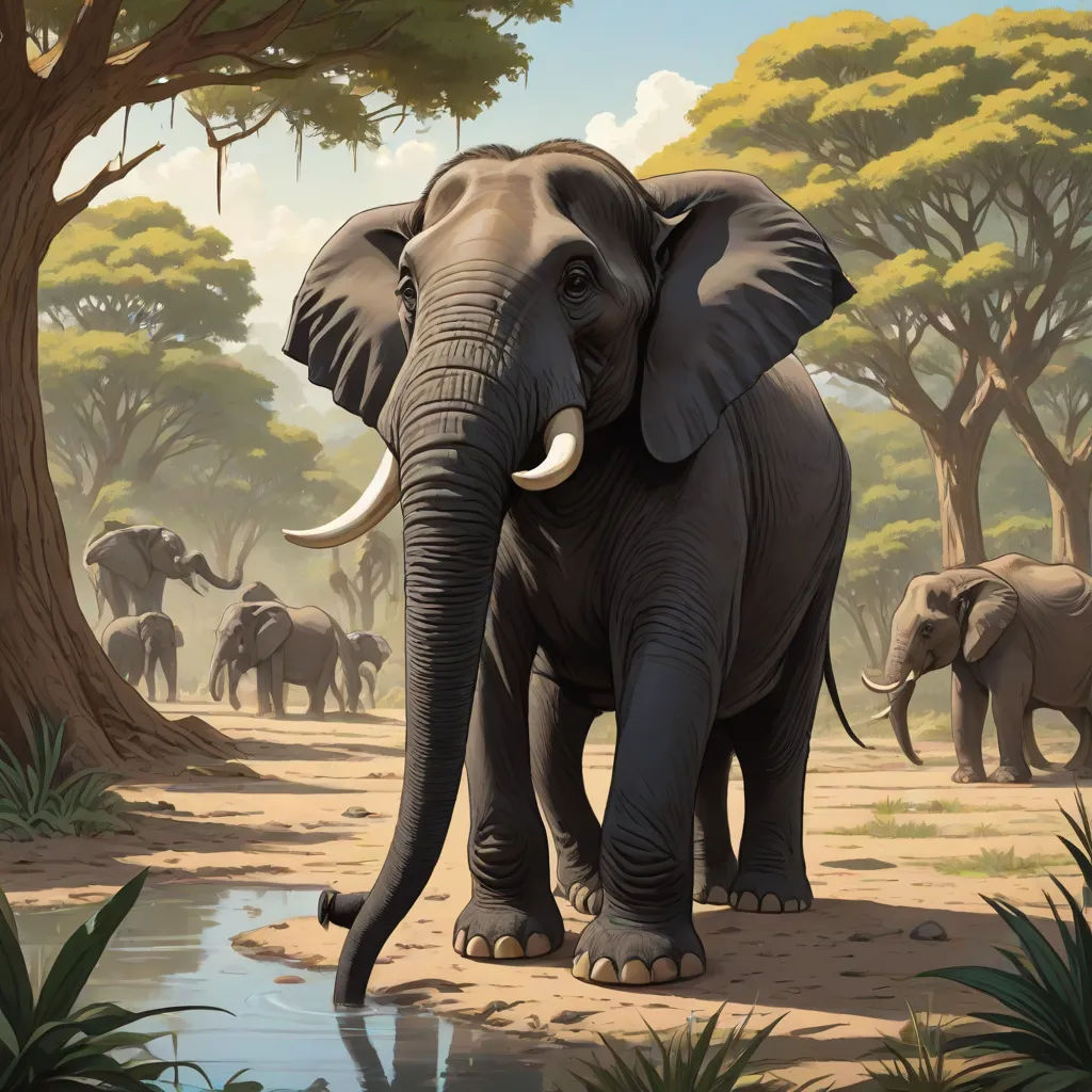 a painting of an elephant standing in the middle of a forest with other elephants in the background and a pond of water, sumatraism, an airbrush painting, Chris LaBrooy, highly detailed digital painting