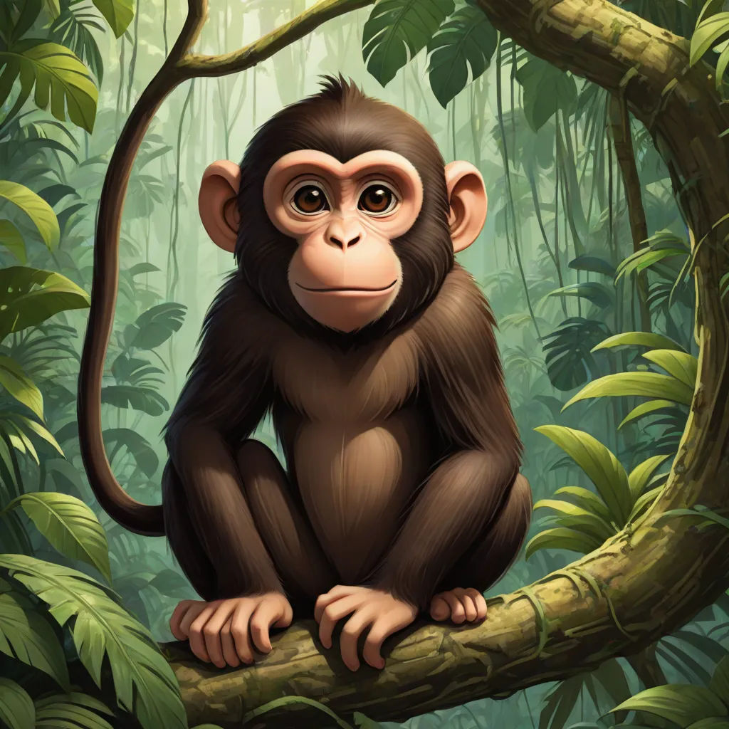 a monkey sitting on a branch in a jungle with a tree branch in the foreground and a jungle background, sumatraism, a digital painting, Alex Petruk APe, highly detailed digital painting