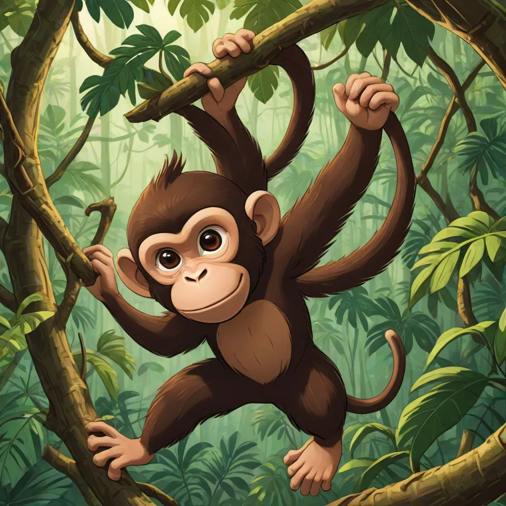 a monkey hanging on a tree in a jungle with a branch in its hand and a jungle background with leaves, primitivism, a character portrait, Alex Petruk APe, jungle