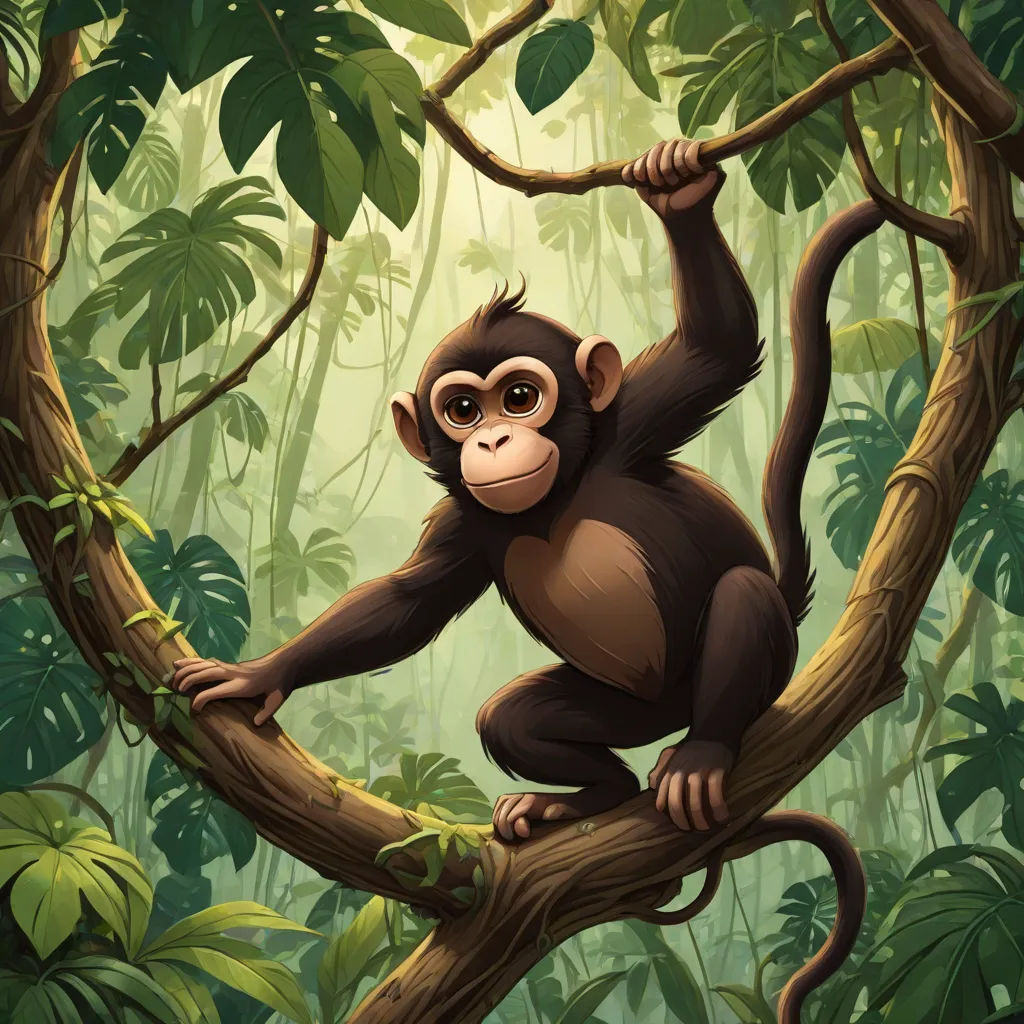 a monkey hanging on a tree branch in a jungle with lots of leaves and plants around it, with a green background, primitivism, a storybook illustration, Alex Petruk APe, jungle