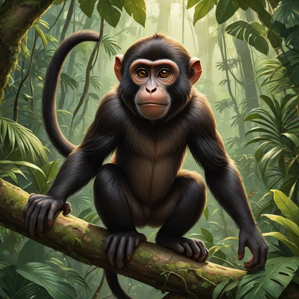 a monkey sitting on a tree branch in the jungle with a light shining on it's face and eyes, sumatraism, a digital painting, Alex Petruk APe, highly detailed digital painting