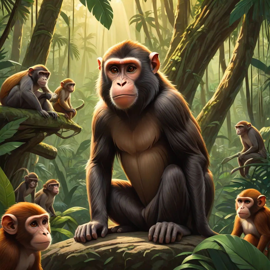 a group of monkeys sitting on top of a tree in a jungle with a baby monkey in the background, sumatraism, a digital painting, Alex Petruk APe, highly detailed digital painting