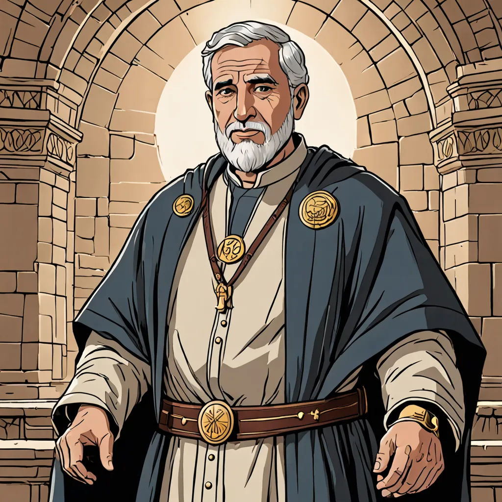 a cartoon of a man in a medieval outfit with a cross on his chest and a sword in his hand, romanesque, a character portrait, Diego Gisbert Llorens, character portrait