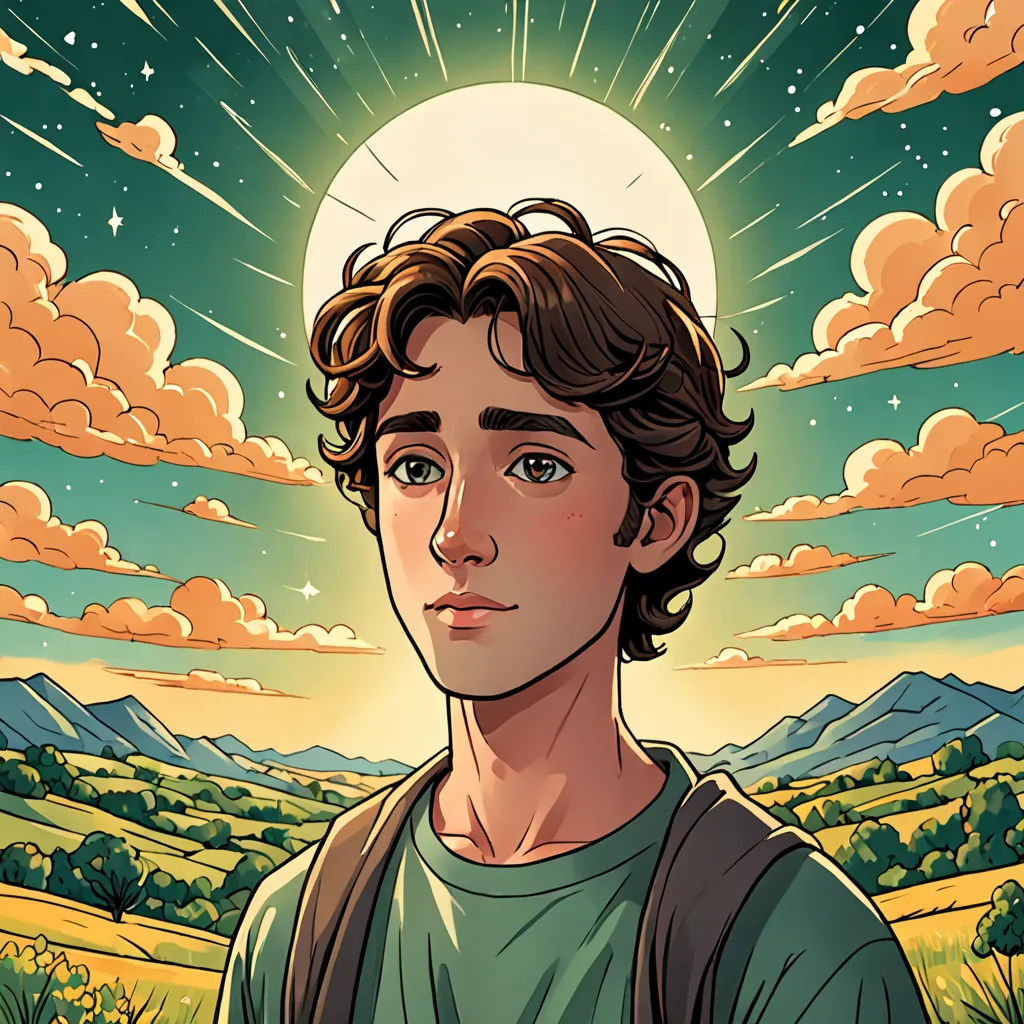 a man with a backpack standing in front of a sky with clouds and stars above him and a full moon above him, serial art, a character portrait, Aaron Jasinski, comic cover art
