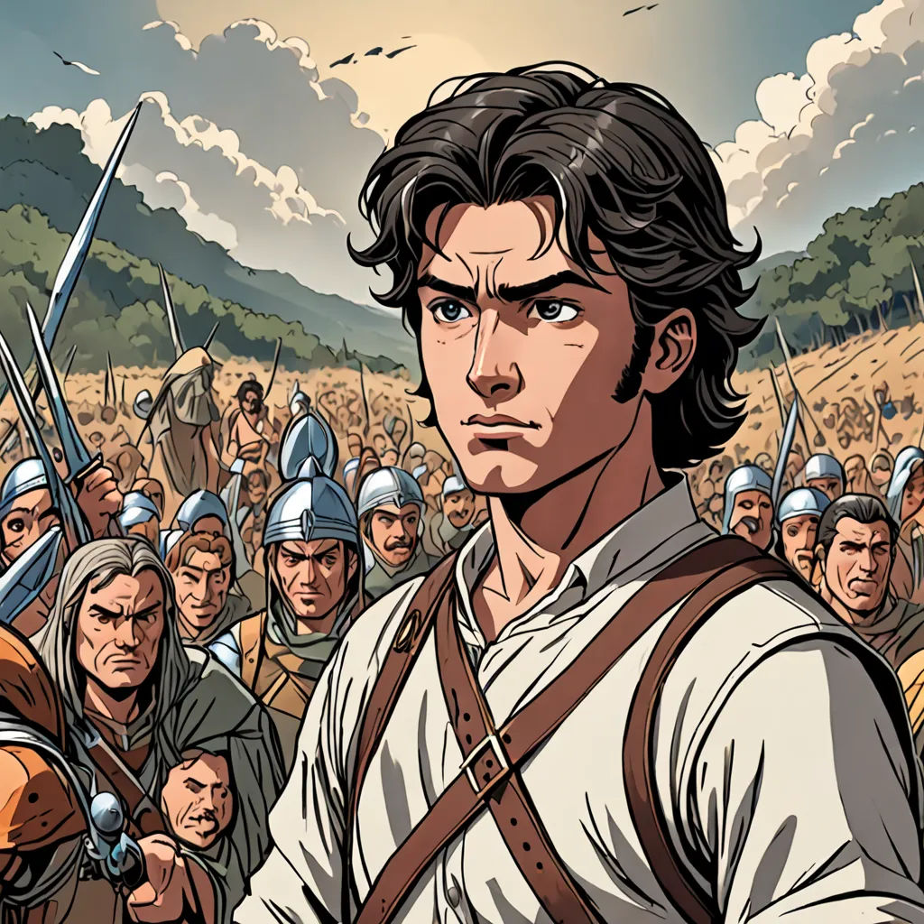 a man in a crowd of people with a sword and a sword in his hand and a man in a white shirt and brown vest, fantasy art, a comic book panel, Cedric Seaut (Keos Masons), graphic novel