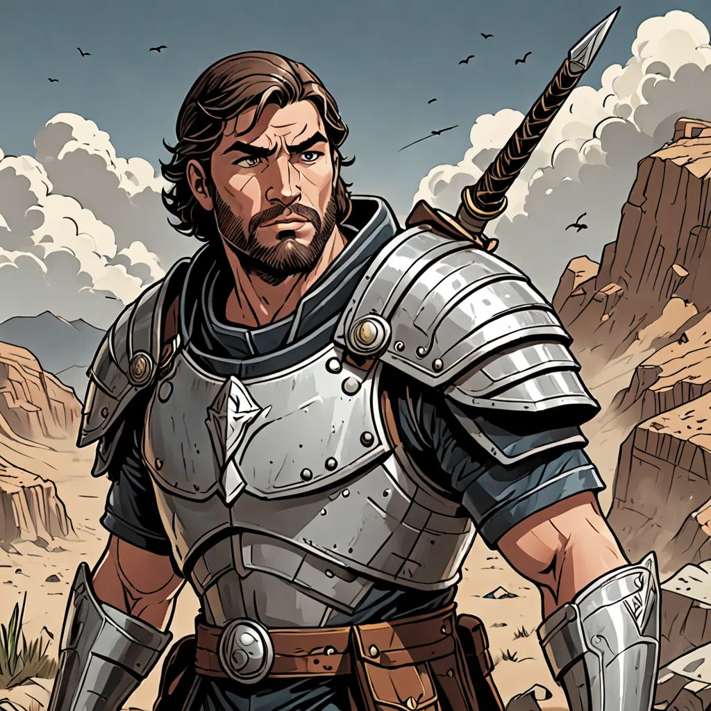 a man in a suit of armor with a sword in his hand and a mountain in the background with clouds, fantasy art, a comic book panel, Cedric Seaut (Keos Masons), epic fantasy character art