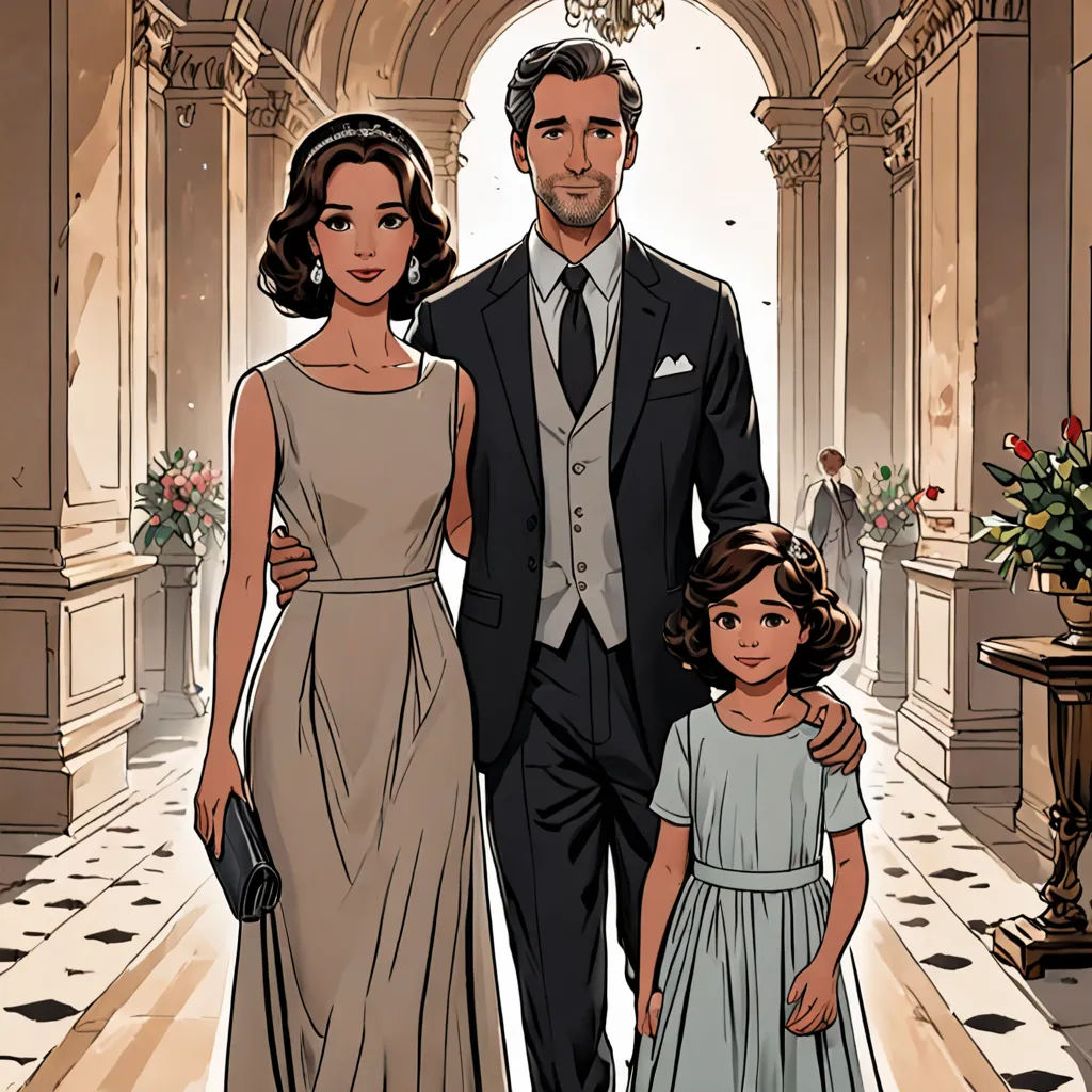 a man and woman in formal wear walking down a hall way with a little girl in a dress and a man in a suit, private press, a comic book panel, Barron Storey, official art