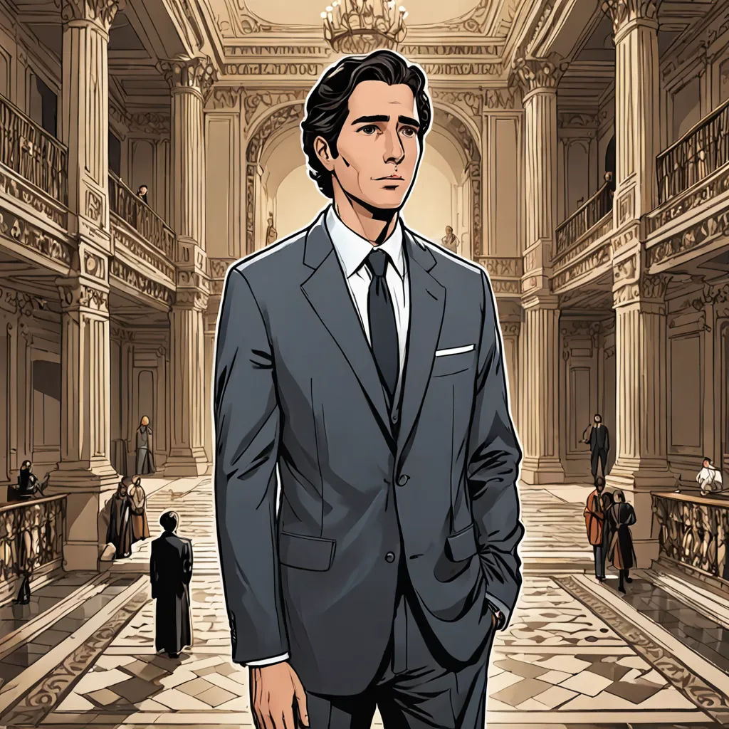 a man in a suit standing in a building with a chandelier on the ceiling and a chandelier on the ceiling, serial art, a character portrait, Diego Gisbert Llorens, official art