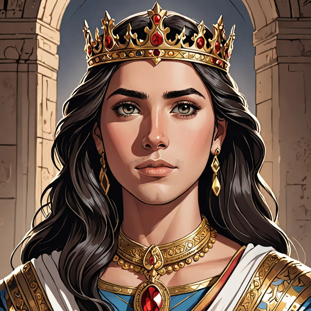 a woman in a crown and dress with a red stone necklace and earrings on her head, in front of a doorway, fantasy art, a character portrait, Charlie Bowater, fantasy character portrait