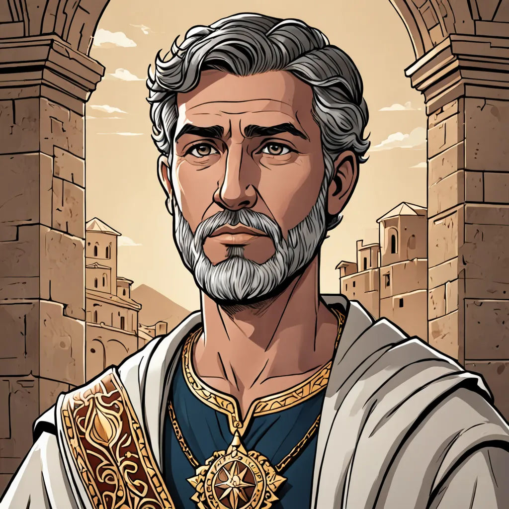 a cartoon of a man with a beard and a beard wearing a gold necklace and a white beard and a gold necklace, romanesque, a character portrait, Dionisius, character portrait