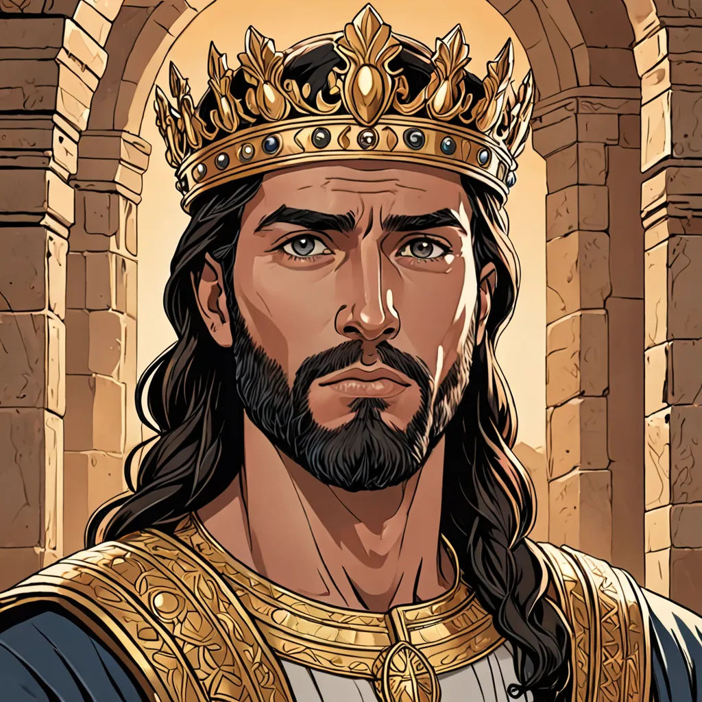 a man with a crown on his head and a beard wearing a gold crown and a gold chain around his neck, unilalianism, a character portrait, Altoon Sultan, high detail illustration