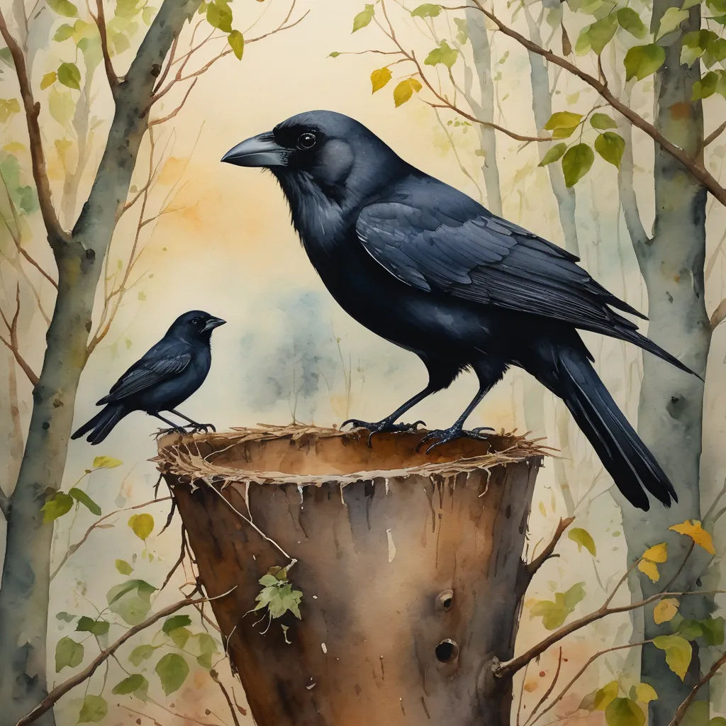 a painting of two black birds sitting on a stump in a forest with trees and leaves on the ground, american scene painting, a fine art painting, Carl Critchlow, birds