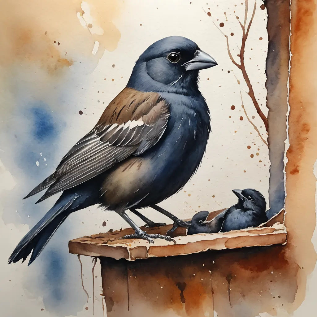 a bird and her babies are sitting on a ledge in the watercolor painting style, with a tree in the background, figurative art, a watercolor painting, Carol Sutton, birds