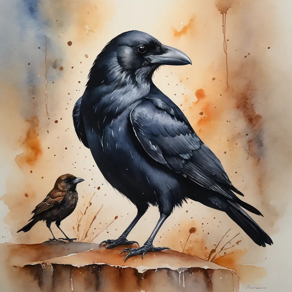 a painting of two black birds on a rock with watercolors in the background and a yellow sky, modern european ink painting, a watercolor painting, Alison Watt, rich moody colours