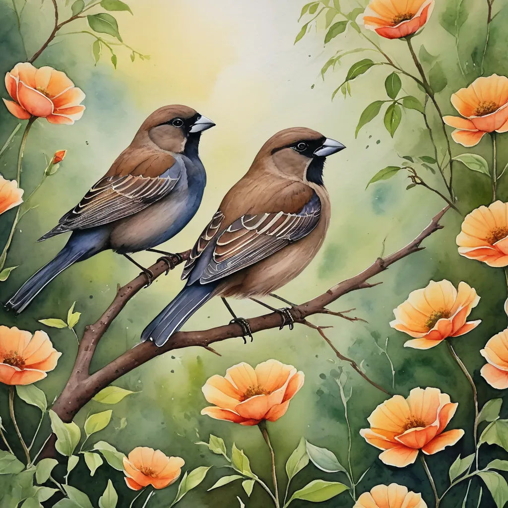 two birds sitting on a branch with orange flowers in the background and a green background with orange flowers in the foreground, figurative art, a watercolor painting, Carol Sutton, in gouache detailed paintings