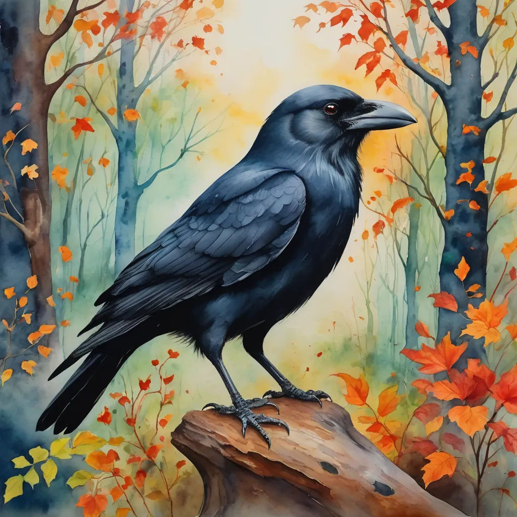 a painting of a black bird sitting on a log in a forest with fall leaves and trees in the background, fantasy art, a watercolor painting, David Brewster, in gouache detailed paintings