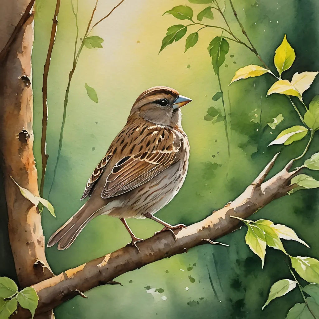 a bird sitting on a branch of a tree with leaves around it and a green background behind it, with a yellow and green background, american scene painting, a watercolor painting, Carol Sutton, in gouache detailed paintings