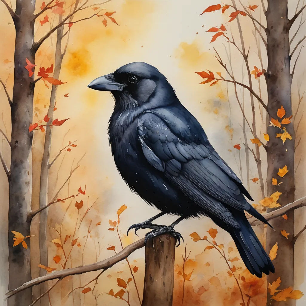 a painting of a black bird sitting on a tree branch in a forest with yellow leaves and a yellow sky, fantasy art, a watercolor painting, Carl Critchlow, dark colors