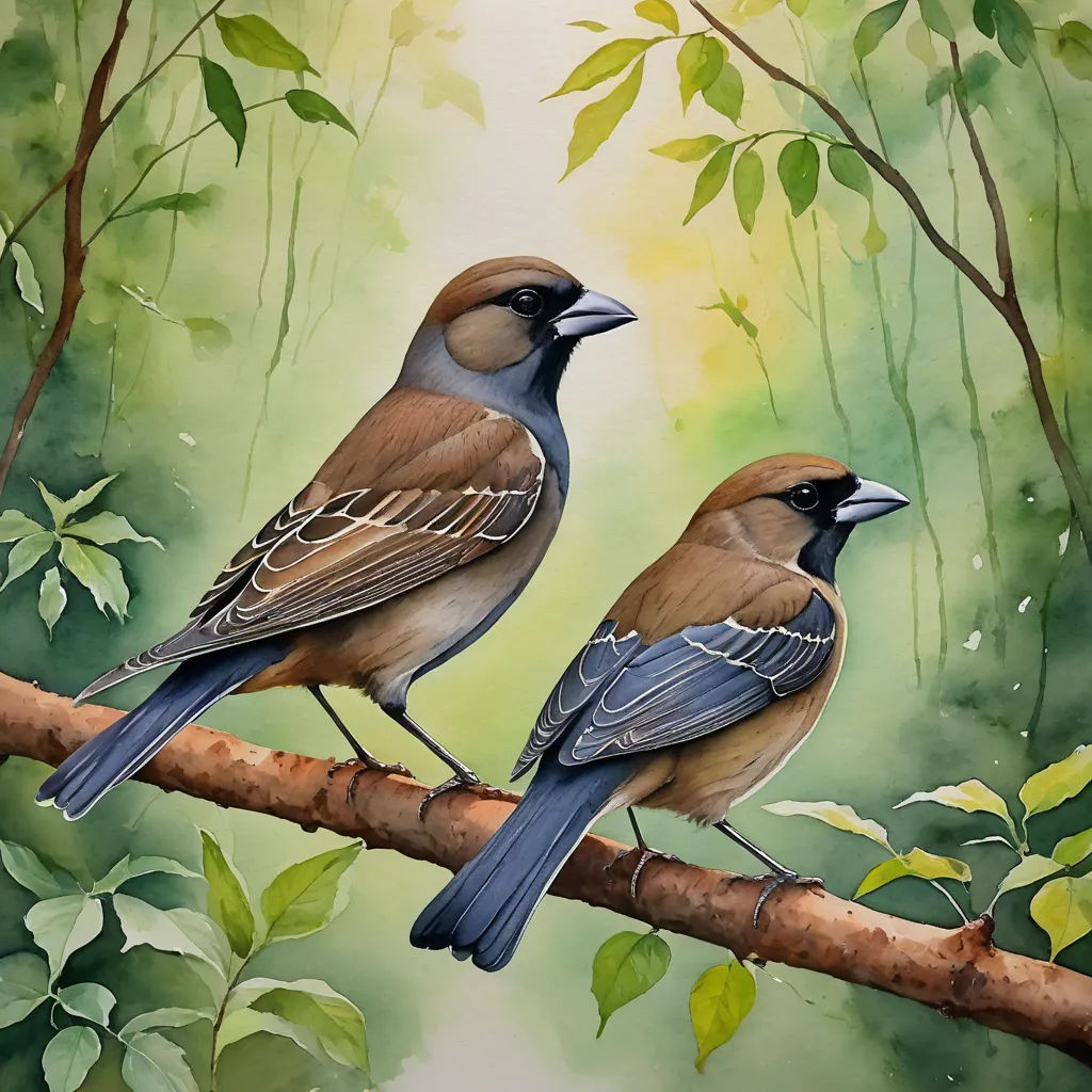 two birds sitting on a branch in a forest with green leaves and a white background with a yellow sky, figurative art, a watercolor painting, Carol Sutton, birds