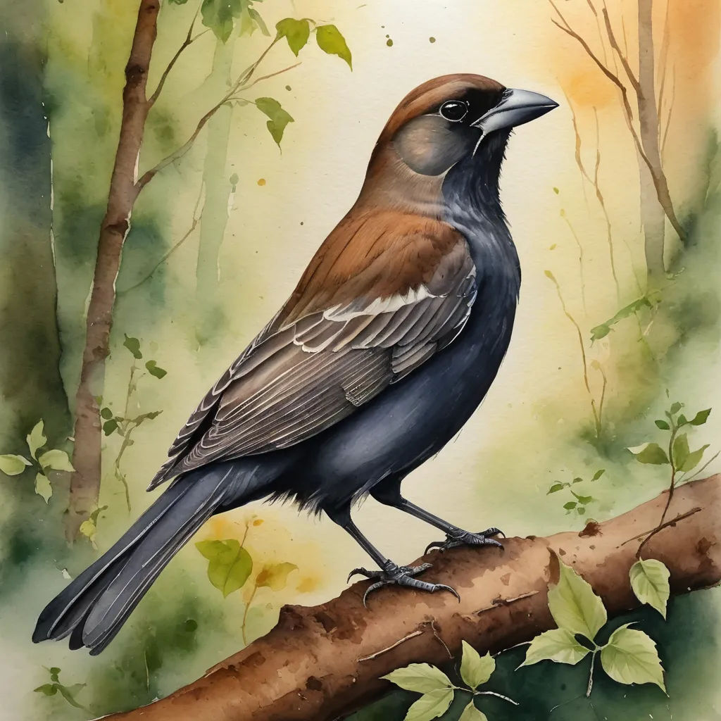 a bird sitting on a branch in a forest with leaves and branches around it, with a watercolor painting of a bird on the branch, modern european ink painting, a watercolor painting, Carol Sutton, birds