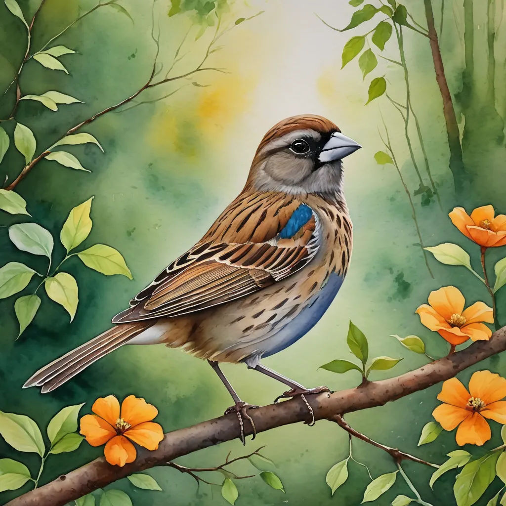 a bird sitting on a branch with orange flowers in the background and a green background with yellow flowers in the foreground, figurative art, a watercolor painting, Carol Sutton, in gouache detailed paintings