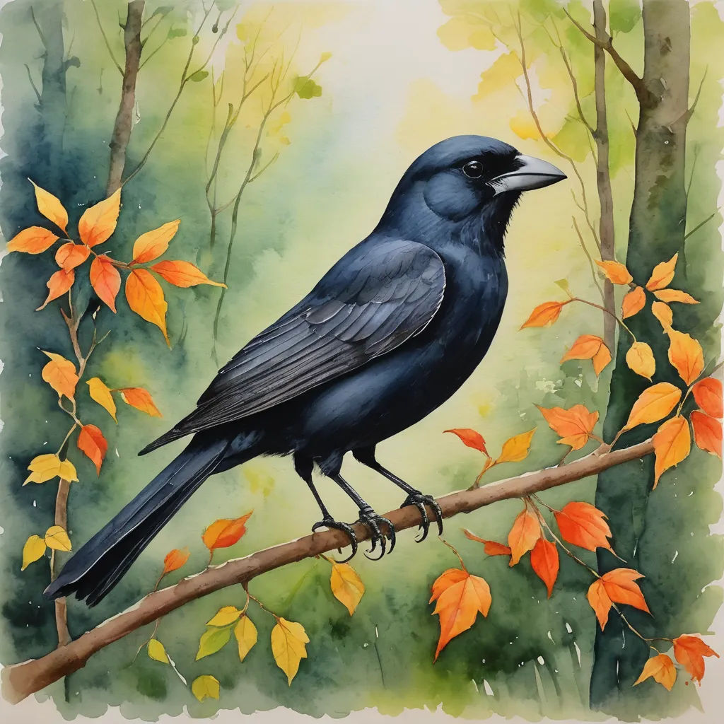 a painting of a black bird sitting on a branch with autumn leaves around it and a green background with orange and yellow leaves, figurative art, a watercolor painting, Alison Watt, in gouache detailed paintings