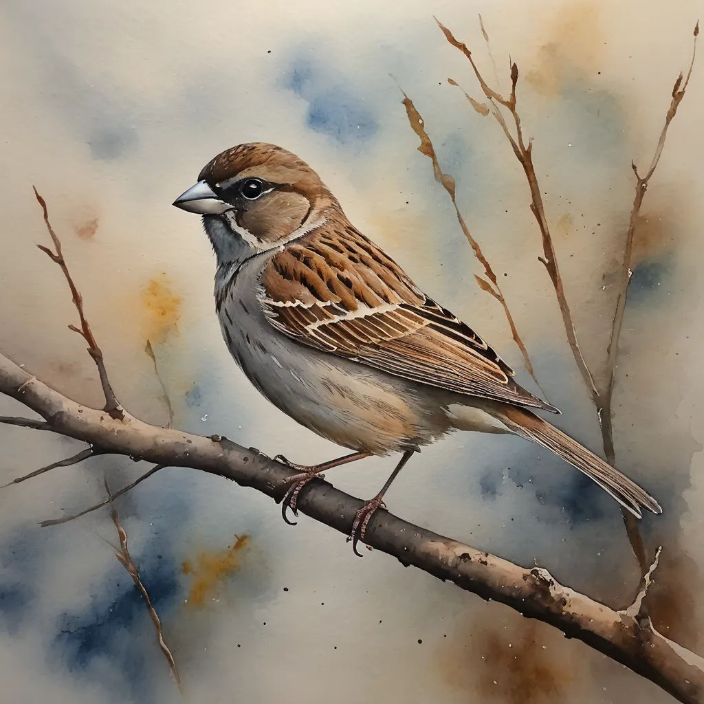 a bird sitting on a branch of a tree with no leaves on it's branches, with a blue sky in the background, figurative art, an airbrush painting, Colin Gill, in gouache detailed paintings