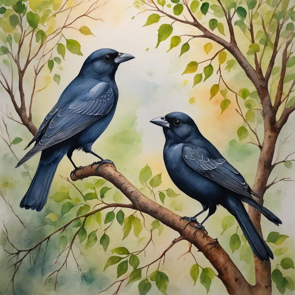 two birds sitting on a branch of a tree with leaves and a sky background with green leaves and yellow sky, figurative art, a watercolor painting, Carol Sutton, birds