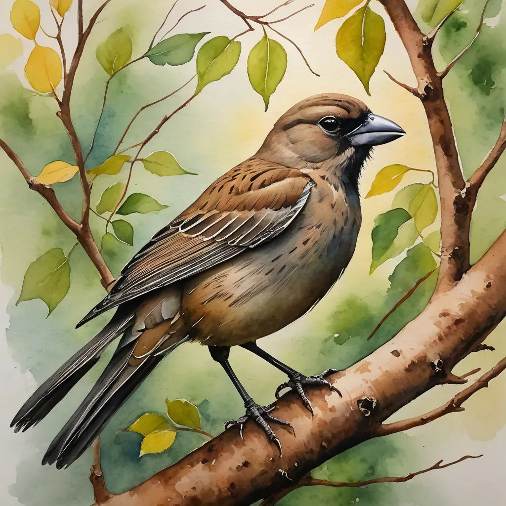 a bird sitting on a branch of a tree with leaves on it's branches and a green background, figurative art, a watercolor painting, Carol Sutton, in gouache detailed paintings