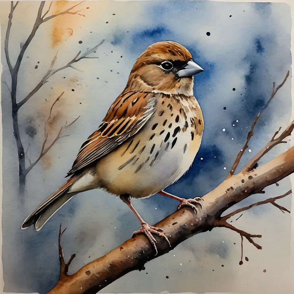 a bird sitting on a branch of a tree in the snow with a blue sky background and some branches, private press, an airbrush painting, Colin Gill, bright studio setting
