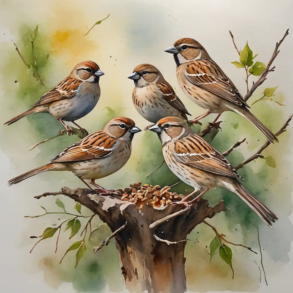 a painting of birds sitting on a tree branch eating seeds from a nest of nuts on a branch with leaves, figurative art, a watercolor painting, Colin Gill, birds