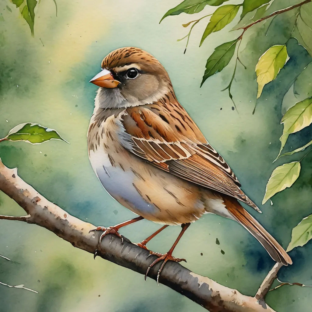 a bird sitting on a branch of a tree with leaves around it and a green background behind it, with a blue sky and green leafy area, figurative art, a watercolor painting, Carol Sutton, in gouache detailed paintings