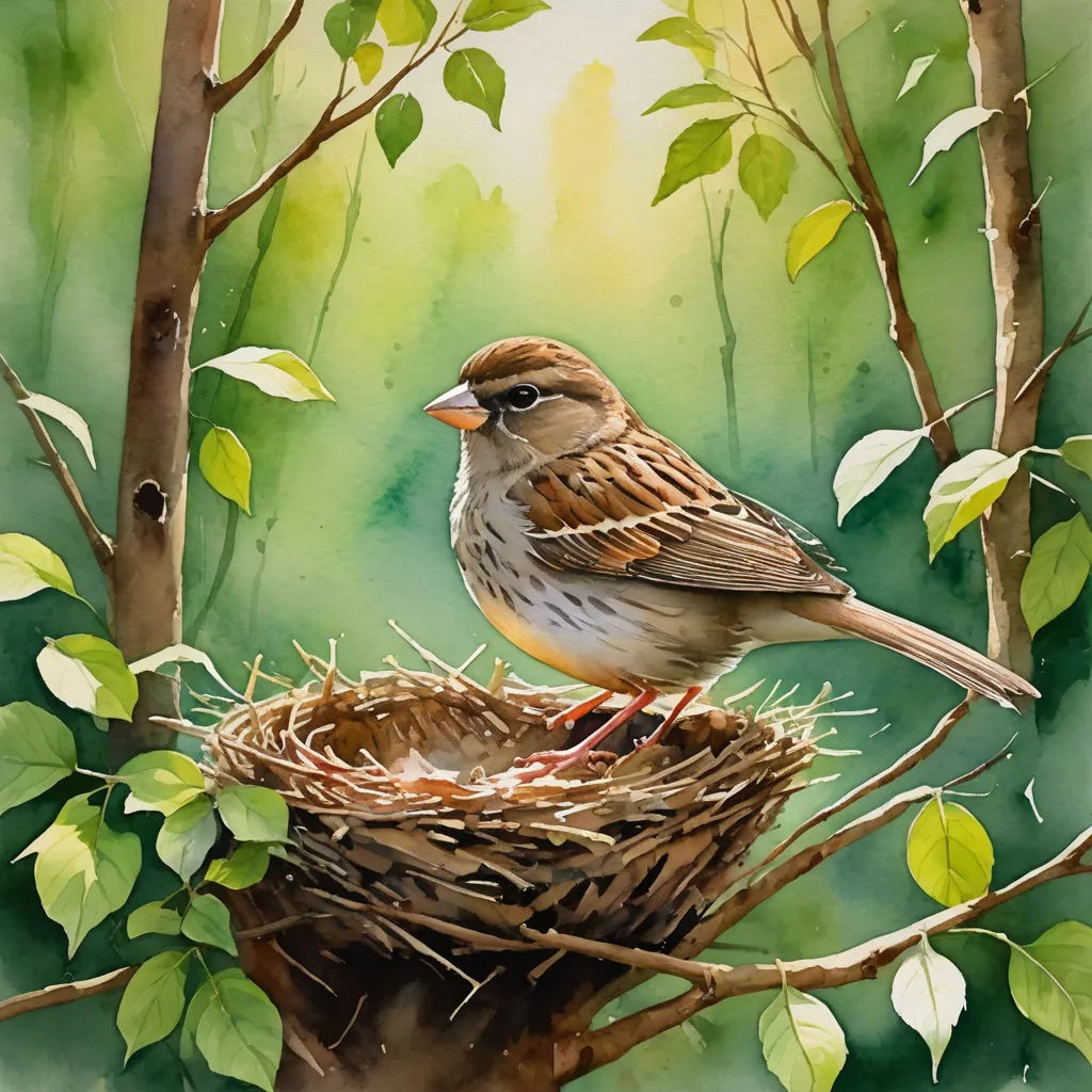 a painting of a bird sitting on top of a nest in a tree branch with leaves around it and a green background, american scene painting, a watercolor painting, Art Brenner, in gouache detailed paintings