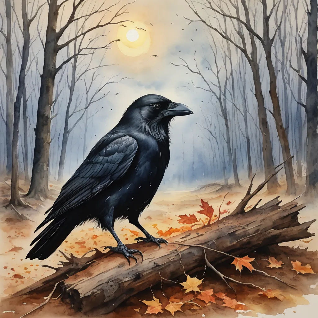 a painting of a black crow sitting on a log in a forest with leaves and a sun in the background, fantasy art, an airbrush painting, Anato Finnstark, dark art